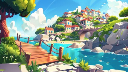Wall Mural - Summer landscape with green grass, trees, old wood pier, old city on island and wooden bridge over the strait. Modern illustration of mediterranean town on sea coast, old wood pier, stones, a wooden