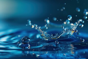 Poster - Close-up image of water droplets creating a dynamic splash on a reflective blue surface