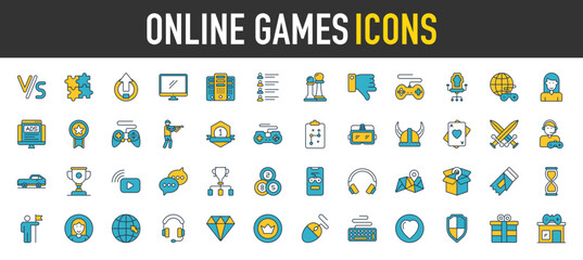 Online Games icon set. Contains as Level Up, Puzzle, Desktop, Headphone, Servers, Friendlist, Chess, Video Game, Gaming Chair, Online Gaming and Character, Reward, Game Pad vector icons illustration.