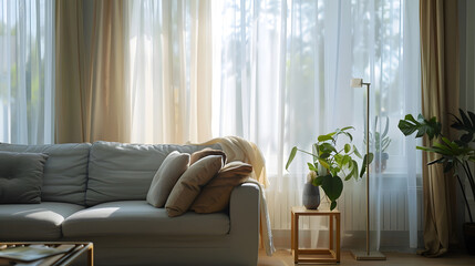 Poster - Modern living room interior with beautiful curtains on window : Generative AI