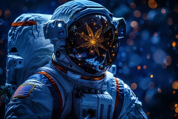 astronaut in space in a marijuana leaf galaxy madness floating in space