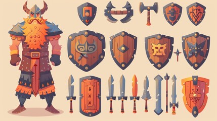 Wall Mural - Viking game character with shields. Medieval Norwegian warrior with helmet and sword. Cartoon illustration of strong man barbarian with armor and shields.