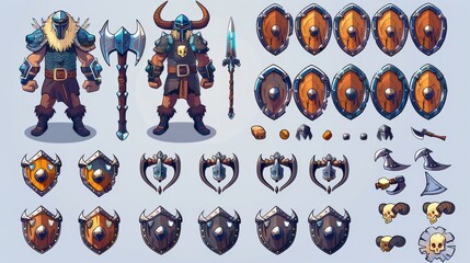 Wall Mural - Viking walk cycle sequence with armor icons and character sprite sheet. Modern cartoon set with sword, shields, helmets with horns, and skull necklaces.