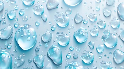 Wall Mural - The following are condensation water drops on a white horizontal background. Rain drops with light reflection abstract wet texture. Rain droplets with scattered pure aqua blobs pattern.