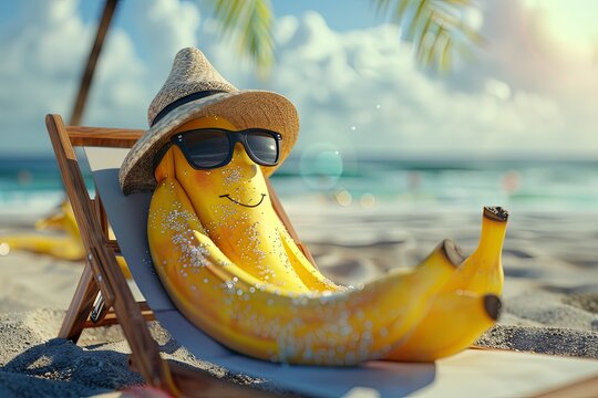 banana with panama hat wearing sunglasses sunbathing on a sun chair on a tropical beach, caricature