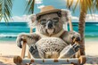 koala with panama hat wearing sunglasses sunbathing on a sun chair on a tropical beach, caricature