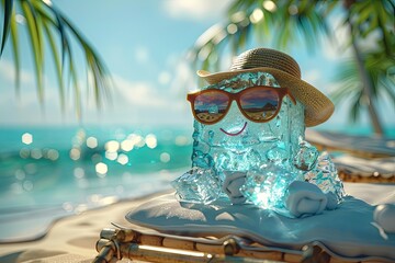 Canvas Print - ice cube with panama hat wearing sunglasses sunbathing on a sun chair on a tropical beach, caricature