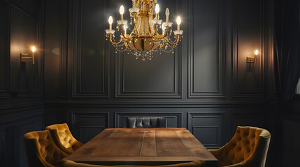 Poster - A cozy dining room with a gold chandelier above a wooden table and black wainscoting walls : Generative AI