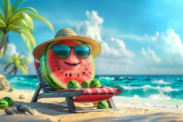 Wall Mural - Happy watermelon with Panama hat wearing sunglasses sunbathing on a sun chair on a tropical beach, caricature