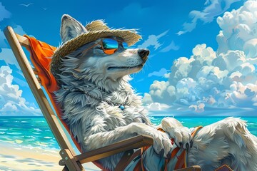 Wall Mural - wolf with panama hat wearing sunglasses sunbathing on a sun chair on a tropical beach, caricature