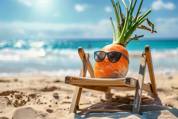 Wall Mural - carrot wearing sunglasses sunbathing on a sun chair on a tropical beach