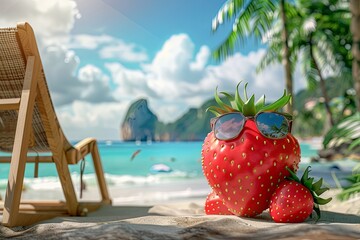 Canvas Print - A mature red strawberry wearing sunglasses sunbathing on a sun chair on a tropical beach, caricature