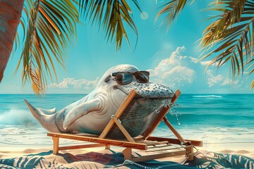 Wall Mural - whale wearing sunglasses sunbathing on a sun chair on a tropical beach, caricature
