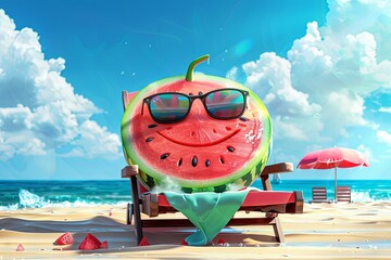 Wall Mural - A mature red strawberry wearing sunglasses sunbathing on a sun chair on a tropical beach, caricature