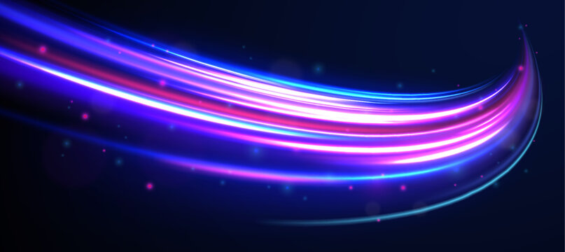 High speed effect motion blur night lights blue and red. Acceleration speed motion on night road. Laser beams luminous abstract sparkling. Purple glowing wave swirl, impulse cable lines.