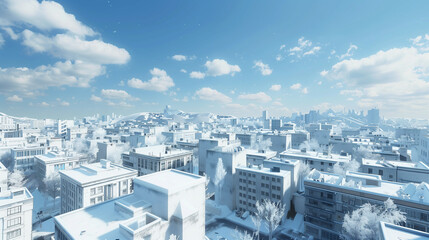 Aerial view of a city covered in snow, showcasing a serene and frosty urban landscape under a clear blue sky.