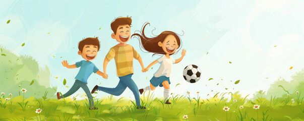 Sports day in the backyard illustration, family playing soccer together, dynamic action and laughter, green grass background with top copy space