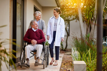 Poster - Retirement, senior couple and man in wheelchair at nursing home with caregiver for support and wellness. Healthcare, smile and elderly male person with disability outdoors in garden for medical help