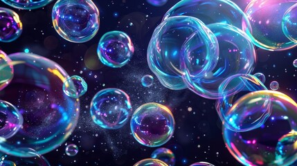 Wall Mural - Colorful transparent bubbles on a black background. Illustration of fantasy water and soap foam spheres flying in the air. Childhood fun.