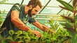 Man gardening in greenhouse, great for articles on sustainability and urban farming.