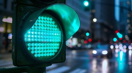 Poster - Close-up of a traffic light turning green, symbolizing movement and efficiency in city traffic.