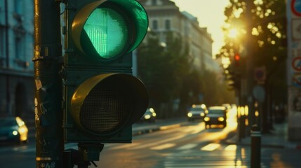 Wall Mural - Close-up of a traffic light turning green, symbolizing movement and efficiency in city traffic.