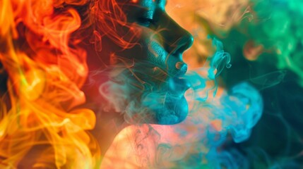 Leinwandbilder - Colorful smoke swirling around a person's face as they exhale from a hookah pipe, evoking a sense of relaxation.