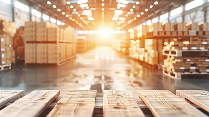 Product distribution center. Retail warehouse full of shelves with goods in cartons, with pallets and forklifts. Logistics and transportation concept. Format photo 5:2.