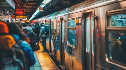 Aufkleber - Commuters boarding a crowded subway train, reflecting the efficiency of public transit systems.