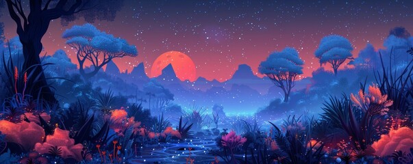 An alien world of bioluminescent wonders, where glowing flora and fauna illuminate the dark expanse of the alien landscape.   illustration.