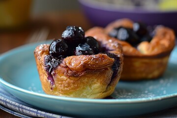 Poster - Close-up of delicious blueberry danishes on a blue plate with a warm, blurred background