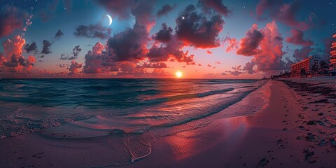 Wall Mural - Cancun beach during with red sunset and blue hour illustration