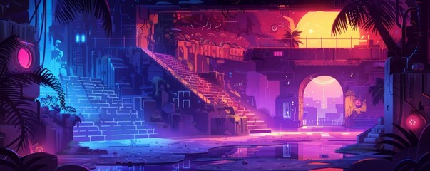 Wall Mural - A cybernetic underground city, with neon-lit tunnels and bustling marketplaces hidden beneath the surface of the earth, where life thrives in the shadows.   illustration.