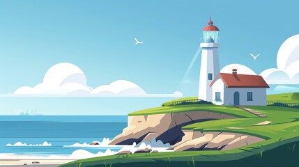 Wall Mural - Summer sunset on an ocean shore with a lighthouse and cliff-top building. Modern cartoon illustration, seascape with nautical navigation tower. Ocean shore with lighthouse.