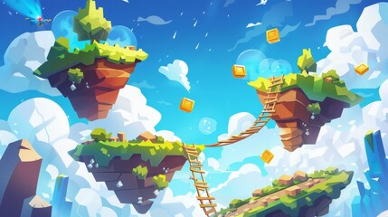Wall Mural - Modern gameplay background with flying rock islands, gold goin, ladders in a blue sky with white clouds. Cartoon arcade videogame world asset design.
