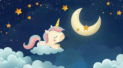 Night sky unicorn with moon, stars, and clouds. Baby dream wallpaper with crescent and flying pony illustration. Blue magic fantasy landscape for nursery or website.