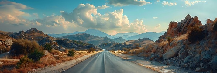 Wall Mural - Mountain road, Landscape with rocks, sunny sky with clouds and beautiful asphalt road in the evening in summer, Vintage toning, Travel background, Highway in mountains, Transportation