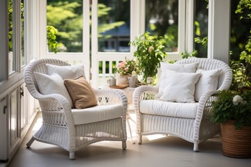 Two white wicker chairs placed next to each other on a porch