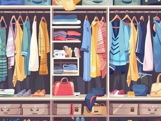 A vibrant illustration depicts an organized wardrobe full of various clothes, shoes, and accessories