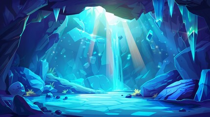 Wall Mural - Mine cave with water and light rays cartoon scene. River and rock bridge inside mountain modern background illustration. Waterfall in pit tunnel mysterious landscape with gem sparkle.