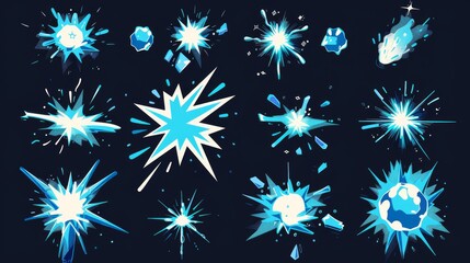 Wall Mural - Sprite sheet of vfx star explosion isolated on black background. Modern illustration of blast effect animation set, blue light energy impact, magic power.