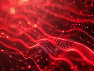 Wall Mural - A vibrant red abstract background with flowing particles and waves, suggestive of technology and data