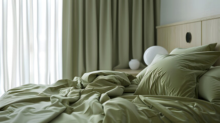 Aufkleber - Comfortable bed with olive green linens in modern room interior : Generative AI