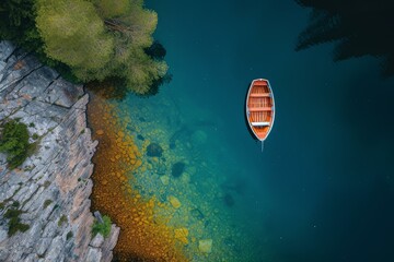 Poster - Aerial view of a single boat floating on a clear, tranquil lake beside a rocky shore