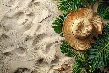 A straw hat is on a beach with palm trees