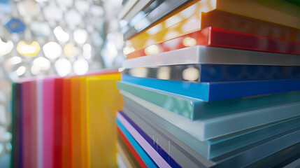 Aufkleber - palette of colors designs for interior works samples of plastics PVC for furnishing artificial stone perforated metal coated with a polymer and architectural plans for houses : Generative AI