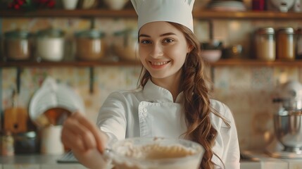 beautiful young chef decorating delicious dessert