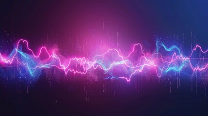 An abstract sound light modern background with neon audio voice frequency waves. A radio pulse effect curve design. A colorful bass musical track line illustration. An electronic record led graph