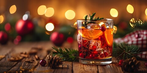 Cozy Holiday Cocktail Setting with Festive Ambience and Tempting Refreshment