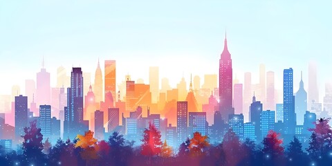 Wall Mural - Vibrant and Bustling Cityscape with Skyscrapers Modern Architecture and Colorful Skyline